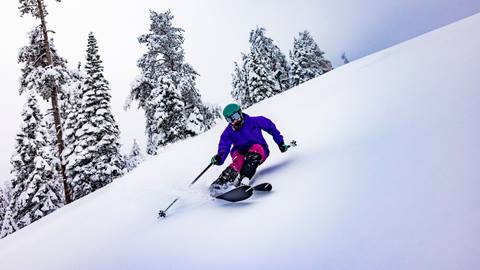 Skier in a purple jacket and pink pants carving a trail after snowfall